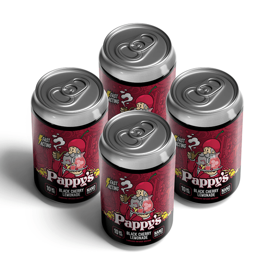 Four cans of Pappy's Black Cherry Lemonade Seltzer on a white background