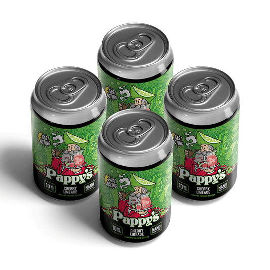Four green cans of Pappy's Cherry Limeade Seltzer on a white background