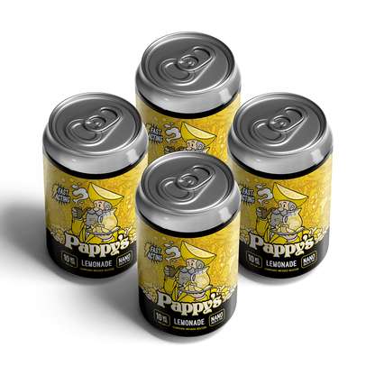 Four cans of Pappy's Lemonade Seltzers on a white background