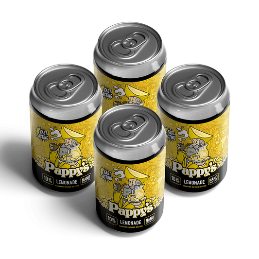 Four cans of Pappy's Lemonade Seltzers on a white background