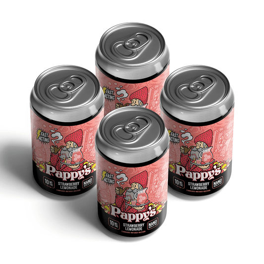 Four Pappy's Strawberry Lemonade Seltzer cans on a white background